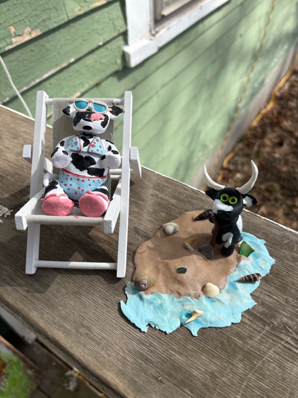 Handmade Cow Figurine in Polka Dot Bikini with Beach Scene